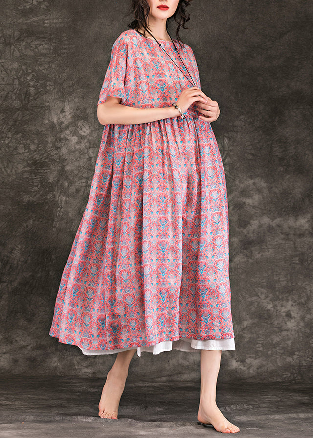 Italienische rote Leinenkleidung mit Blumenmuster, feine Online-Shopping-O-Ausschnitt, großer Saum, Maxi-Sommerkleider