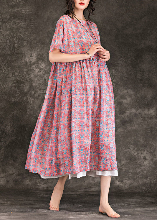 Italienische rote Leinenkleidung mit Blumenmuster, feine Online-Shopping-O-Ausschnitt, großer Saum, Maxi-Sommerkleider