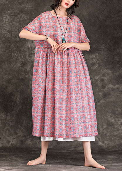 Italienische rote Leinenkleidung mit Blumenmuster, feine Online-Shopping-O-Ausschnitt, großer Saum, Maxi-Sommerkleider