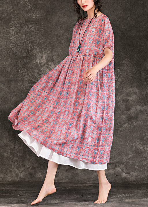 Italienische rote Leinenkleidung mit Blumenmuster, feine Online-Shopping-O-Ausschnitt, großer Saum, Maxi-Sommerkleider