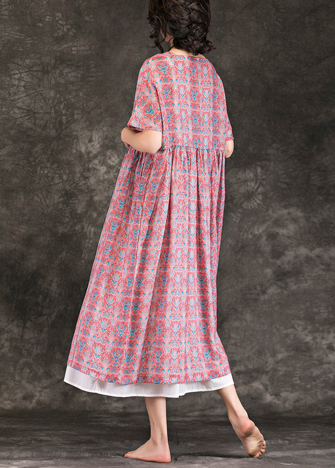 Italienische rote Leinenkleidung mit Blumenmuster, feine Online-Shopping-O-Ausschnitt, großer Saum, Maxi-Sommerkleider