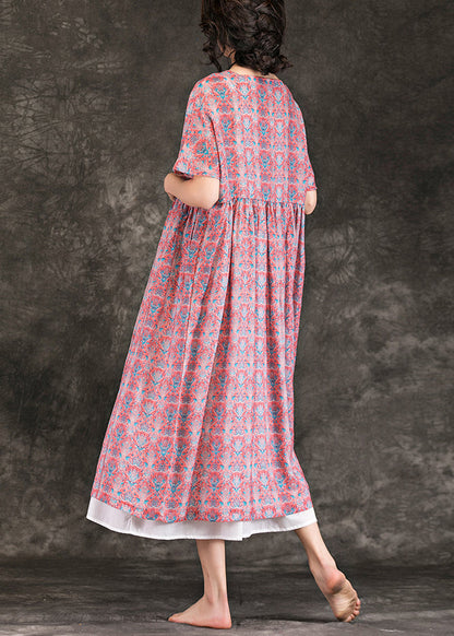 Italienische rote Leinenkleidung mit Blumenmuster, feine Online-Shopping-O-Ausschnitt, großer Saum, Maxi-Sommerkleider