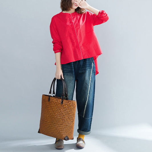 Italienische Baumwollblusen mit Stehkragen für Damen in Übergröße, rote Boxbluse