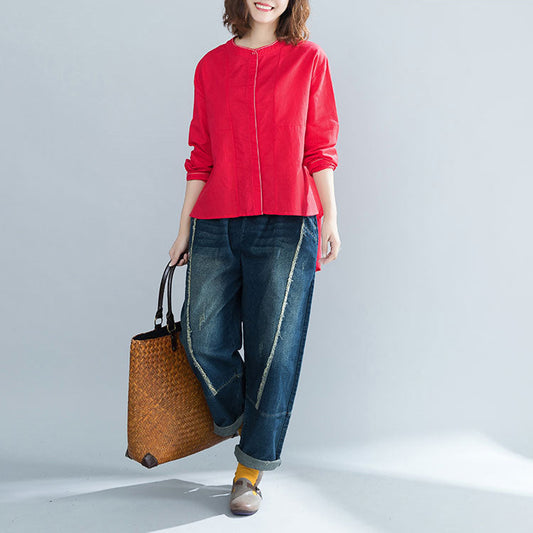 Italienische Baumwollblusen mit Stehkragen für Damen in Übergröße, rote Boxbluse