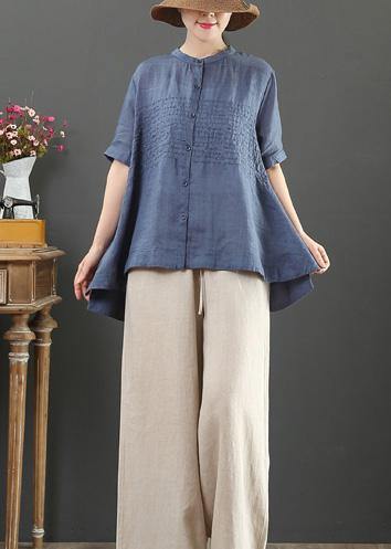 Italian stand collar linen summer clothes Shape navy embroidery blouse - SooLinen