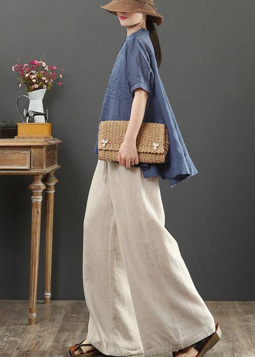 Italian stand collar linen summer clothes Shape navy embroidery blouse - SooLinen