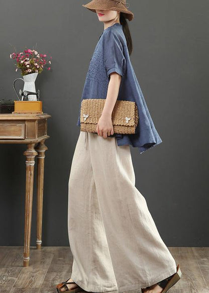 Italian stand collar linen summer clothes Shape navy embroidery blouse - SooLinen