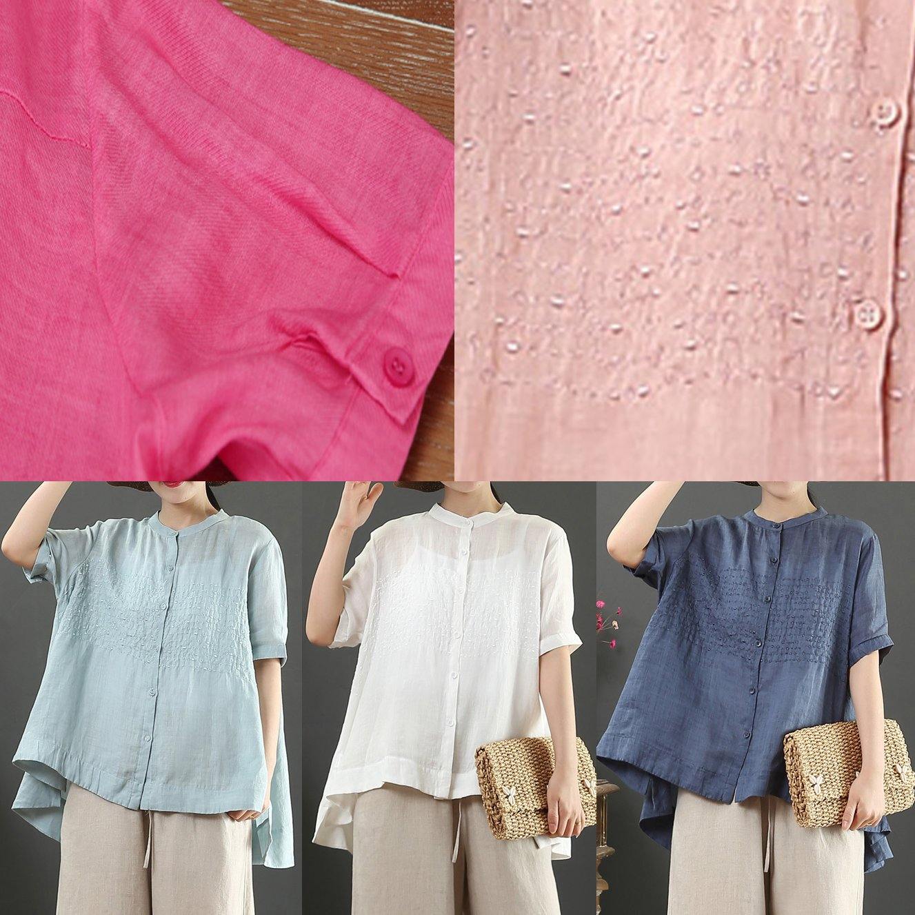 Italian stand collar linen summer clothes Shape navy embroidery blouse - SooLinen