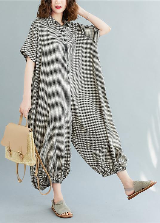 Italian summer pants oversize black plaid Fashion Ideas lapel collar jumpsuit pants - SooLinen