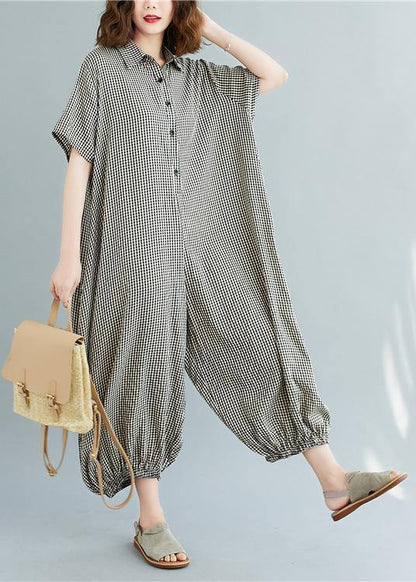 Italian summer pants oversize black plaid Fashion Ideas lapel collar jumpsuit pants - SooLinen