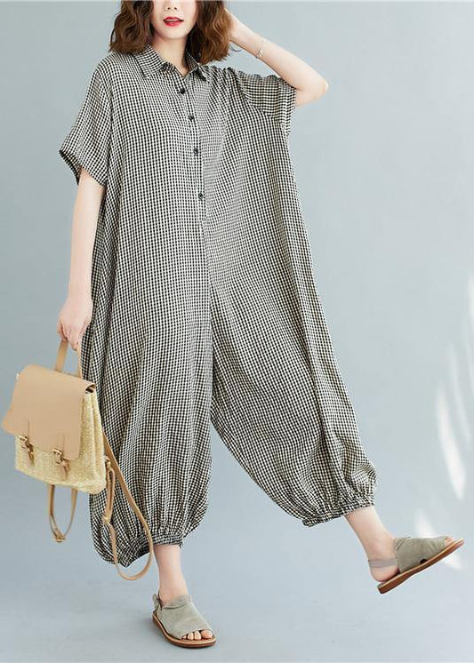 Italian summer pants oversize black plaid Fashion Ideas lapel collar jumpsuit pants - SooLinen