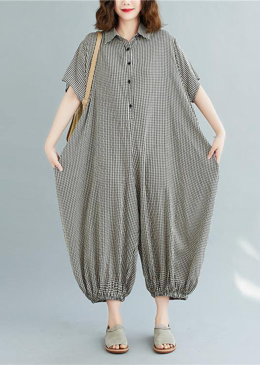 Italian summer pants oversize black plaid Fashion Ideas lapel collar jumpsuit pants - SooLinen