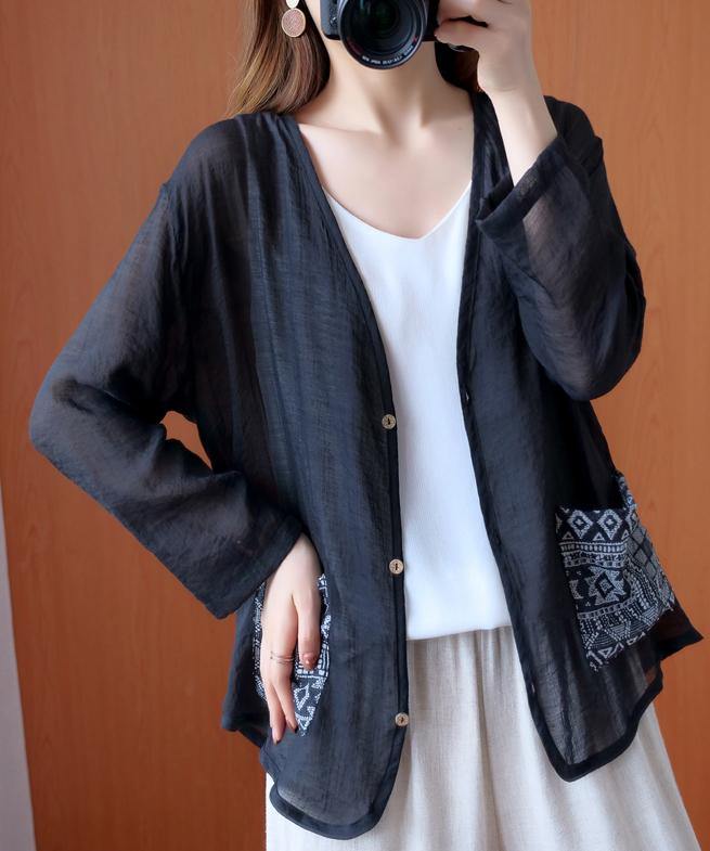 Italian v neck Button Down blouses for women Outfits black blouse - SooLinen