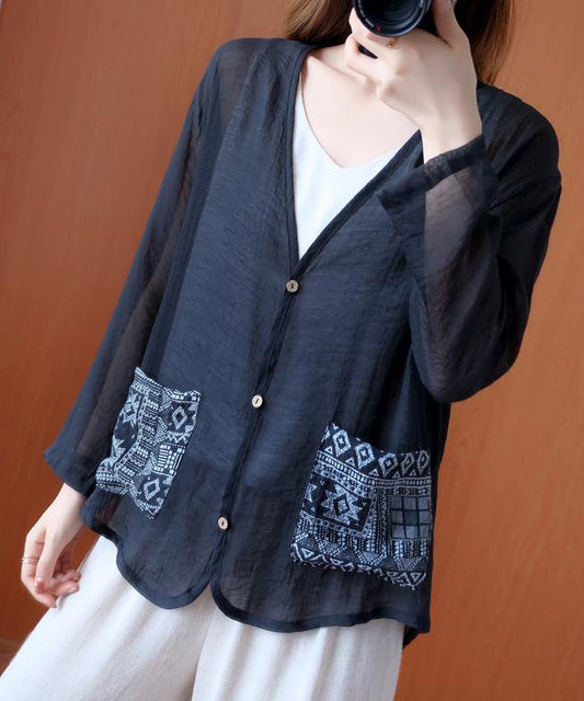 Italian v neck Button Down blouses for women Outfits black blouse - SooLinen