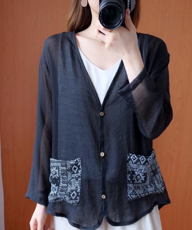 Italian v neck Button Down blouses for women Outfits black blouse - SooLinen