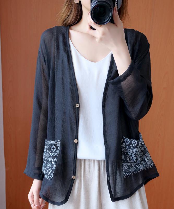 Italian v neck Button Down blouses for women Outfits black blouse - SooLinen