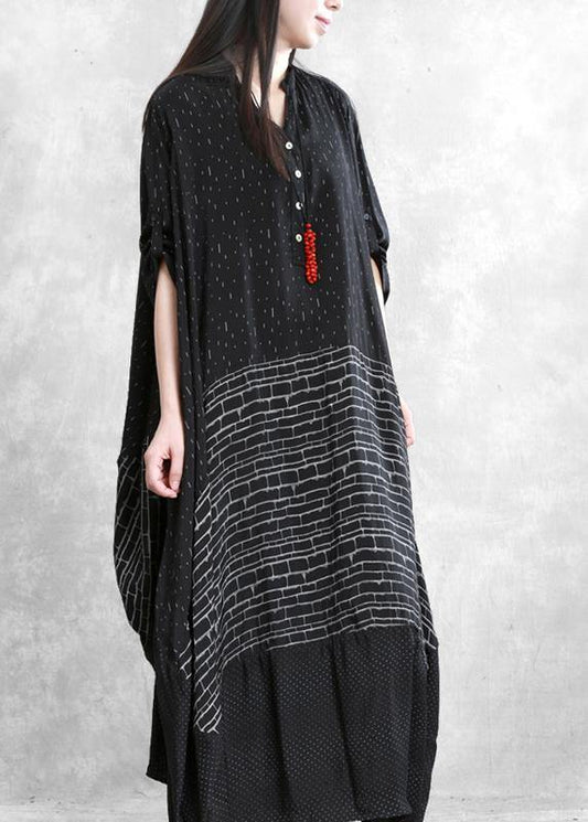 Italian v neck patchwork summer dresses Work black print Dress - SooLinen