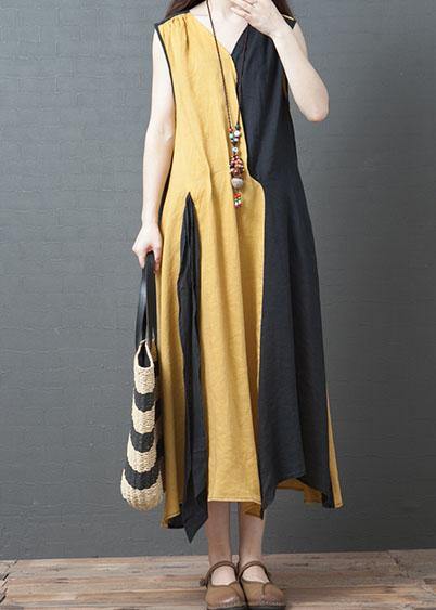 Italian v neck pockets cotton box top Christmas Gifts yellow summer dress - SooLinen