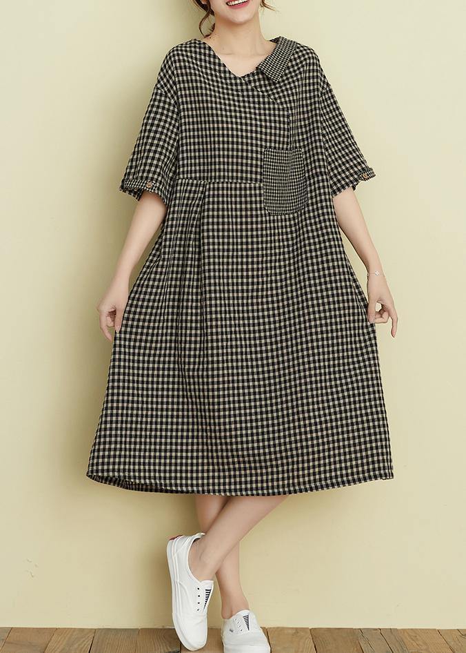 Italian v neck pockets summer dresses black plaid Dresses - SooLinen