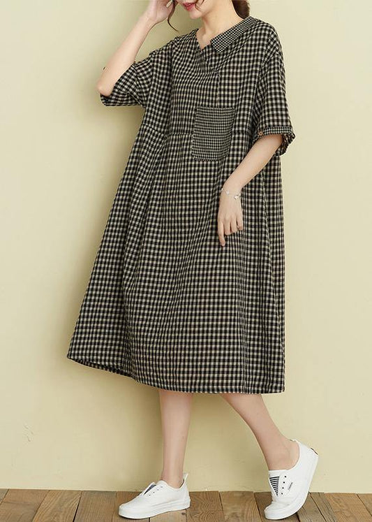 Italian v neck pockets summer dresses black plaid Dresses - SooLinen