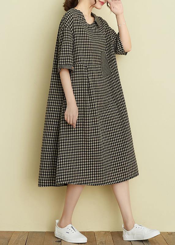 Italian v neck pockets summer dresses black plaid Dresses - SooLinen