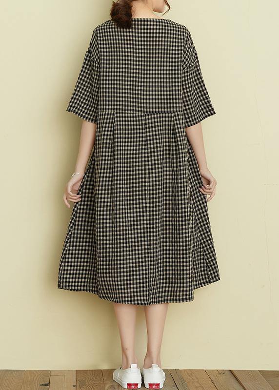 Italian v neck pockets summer dresses black plaid Dresses - SooLinen