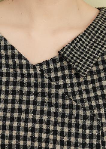 Italian v neck pockets summer dresses black plaid Dresses - SooLinen