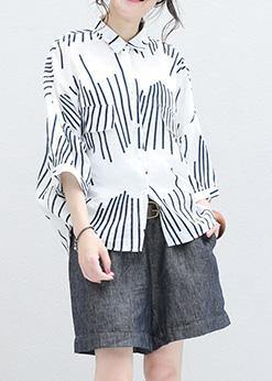 Italian white asymmetric striped cotton Long Shirts half sleeve Art summer shirt - SooLinen