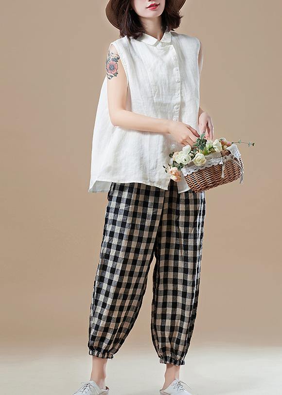 Italian white cotton Shirts Vintage Shape Peter pan Collar Sleeveless short Summer top - SooLinen