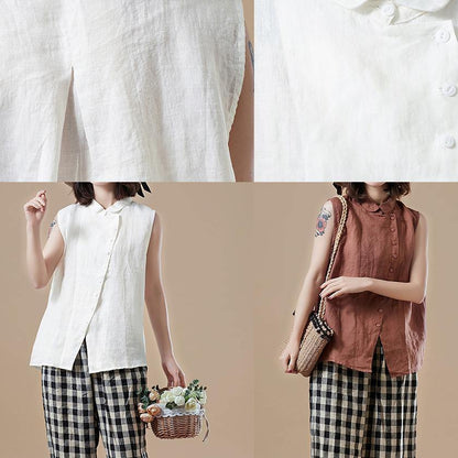 Italian white cotton Shirts Vintage Shape Peter pan Collar Sleeveless short Summer top - SooLinen