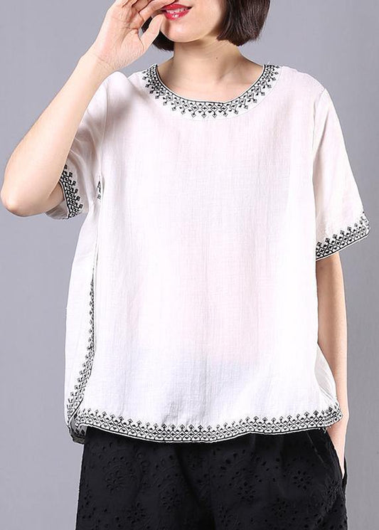 Italian white linen tops women design embroidery summer blouses - SooLinen