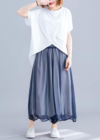 Italian white o neck cotton clothes For Women asymmetric hem daily summer blouses - SooLinen