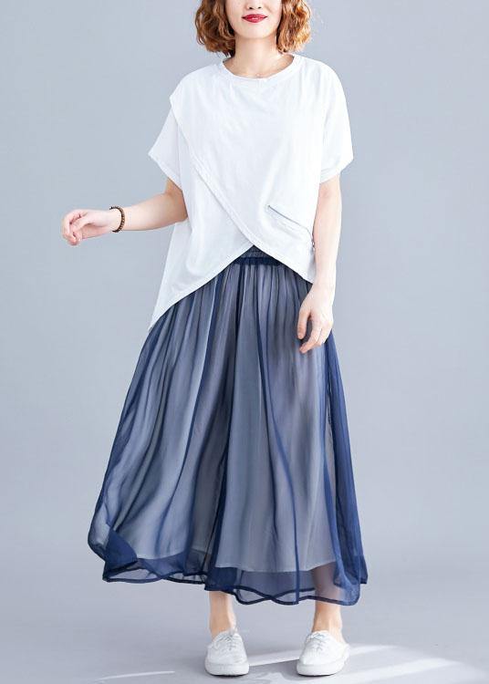 Italian white o neck cotton clothes For Women asymmetric hem daily summer blouses - SooLinen