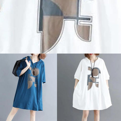 Italian white print Cotton Tunics hooded Dresses summer Dress - SooLinen