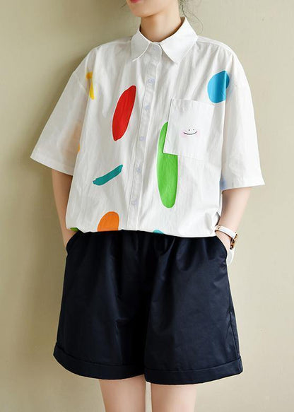 Italian white print clothes For Women lapel half sleeve Dresses summer blouse - SooLinen