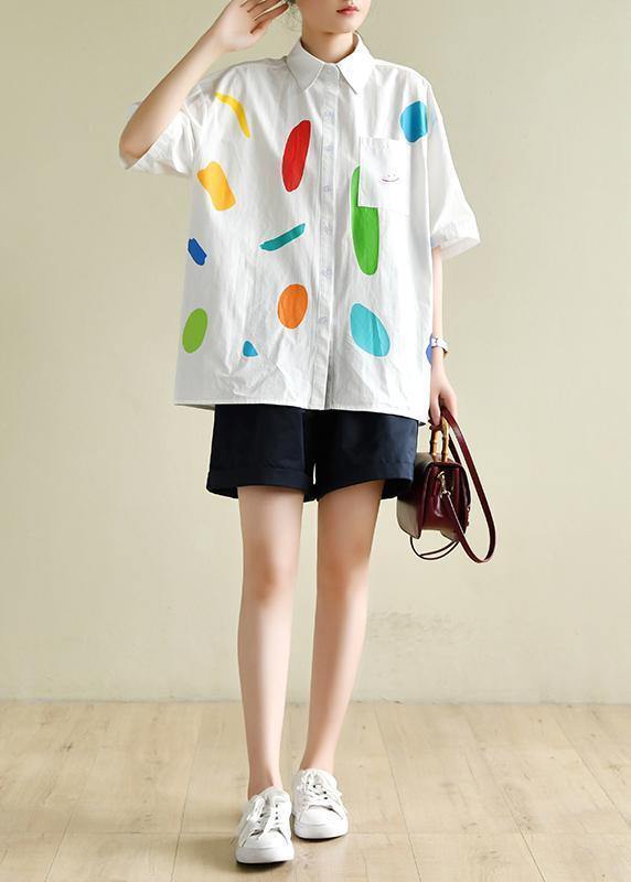 Italian white print clothes For Women lapel half sleeve Dresses summer blouse - SooLinen