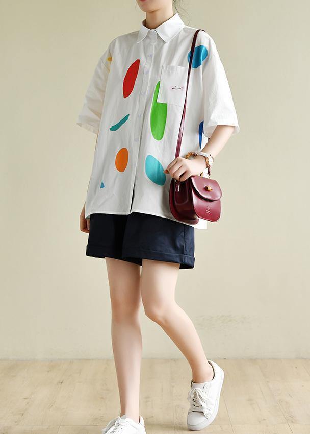 Italian white print clothes For Women lapel half sleeve Dresses summer blouse - SooLinen