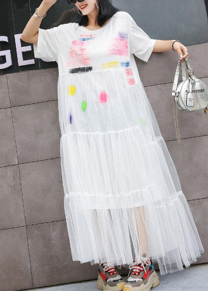 Italian white prints cotton dresses patchwork lace summer Dresses - SooLinen