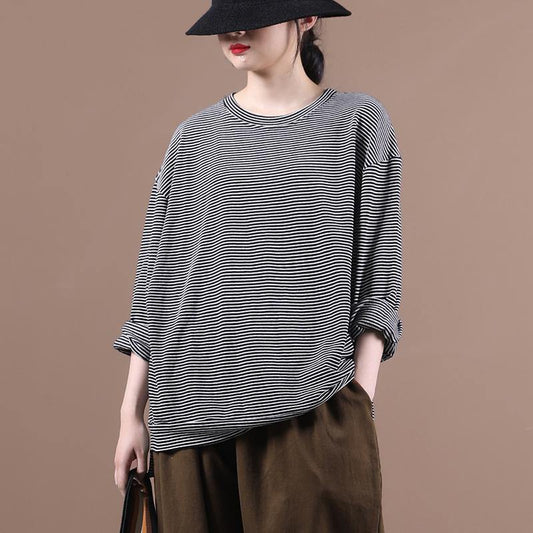 Italian white striped clothes For Women o neck Dresses fall blouses - SooLinen