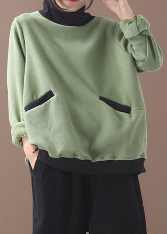 Italian winter cotton patchwork high neck clothes design green blouse - SooLinen