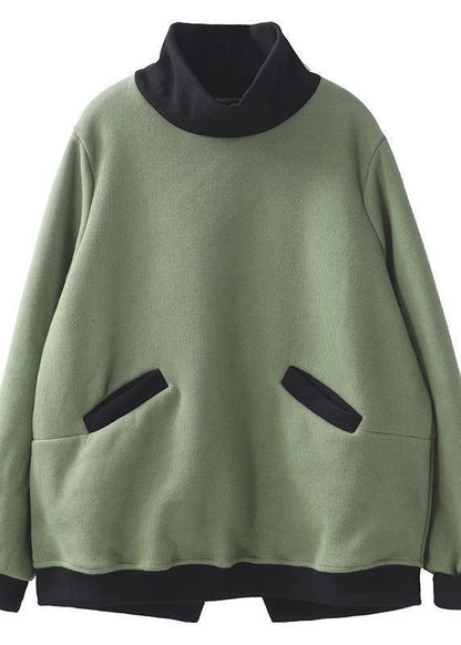 Italian winter cotton patchwork high neck clothes design green blouse - SooLinen