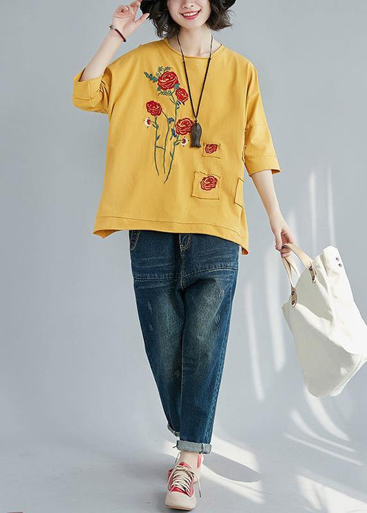 Italian yellow cotton clothes For Women boutique Outfits o neck patchwork tunic Summer - SooLinen