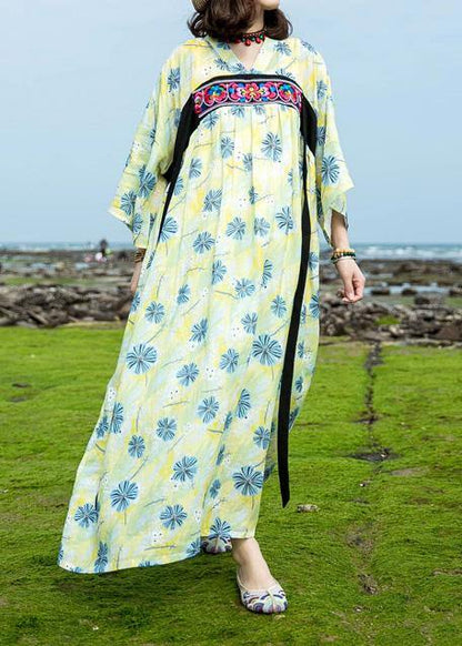 Italian yellow green print cotton linen clothes For Women o neck Traveling summer Dress - SooLinen