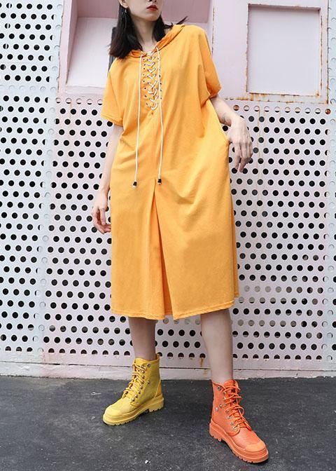 Italian yellow hooded cotton dresses side open long summer Dress - SooLinen