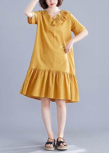 Italian yellow linen dresses v neck Ruffles Art summer Dress - SooLinen