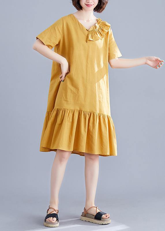 Italian yellow linen dresses v neck Ruffles Art summer Dress - SooLinen