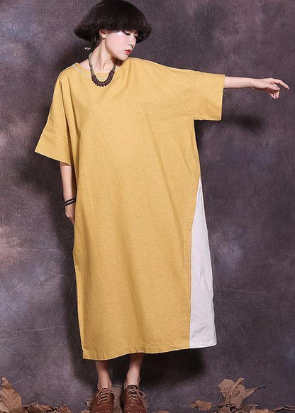 Italian yellow patchwork cotton Tunics Batwing Sleeve A Line summer Dress - SooLinen