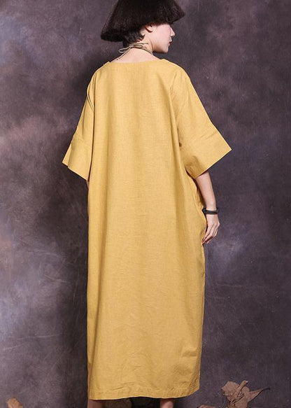 Italian yellow patchwork cotton Tunics Batwing Sleeve A Line summer Dress - SooLinen
