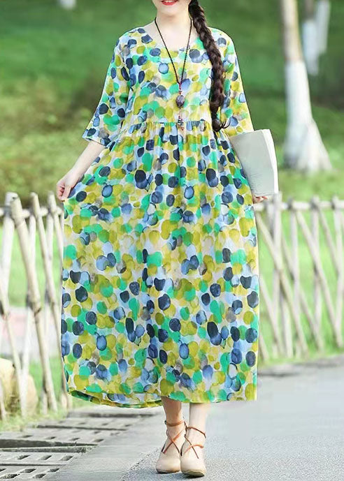 Italienische O-Ausschnitt Cinched Baumwolle Kleider Inspiration Gelb gepunktete Kleider Sommer