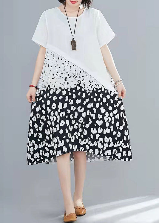 Italienische O-Ausschnitt-Steppkleider aus Baumwolle, indische Arbeit, weißer Druck, A-Linie, Sommer